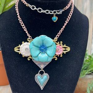 ⭐️Adorned Crown Jewelry assemblage BLOOM enamel flower heart necklace